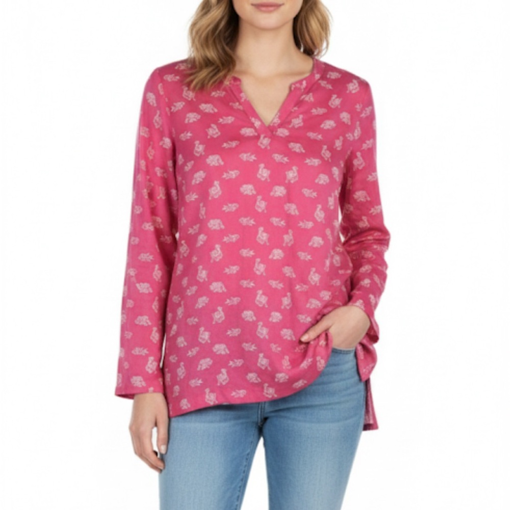 J Jill Pink Cotton Tunic Elephant Fish Print Beachy Oversized Flowy Extra Small